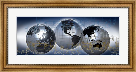 Framed Three globes with electronic diagram Print