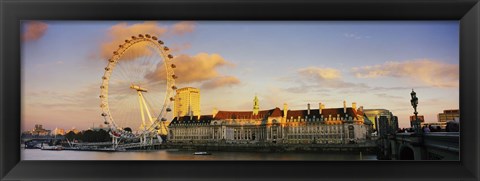 Framed Ferris wheel with buildings at waterfront, Millennium Wheel, London County Hall, Thames River, South Bank, London, England Print