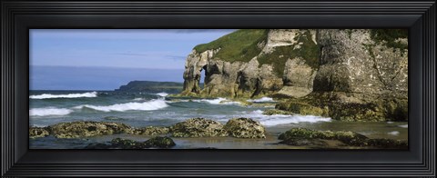 Framed Rock formations on the beach, Whiterocks Beach, Portrush, County Antrim, Northern Ireland Print