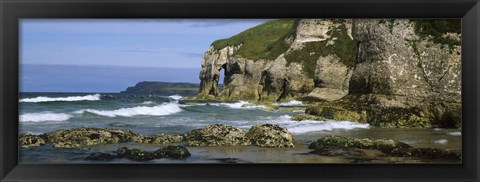 Framed Rock formations on the beach, Whiterocks Beach, Portrush, County Antrim, Northern Ireland Print