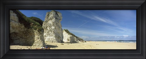 Framed Rock formations on the beach, White Rock Bay, Portrush, County Antrim, Northern Ireland Print