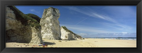 Framed Rock formations on the beach, White Rock Bay, Portrush, County Antrim, Northern Ireland Print