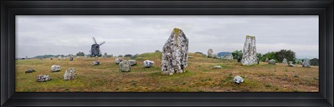Framed Viking burial site and wooden windmill, Gettlinge, Oland, Sweden Print