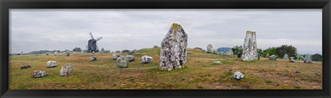 Framed Viking burial site and wooden windmill, Gettlinge, Oland, Sweden Print