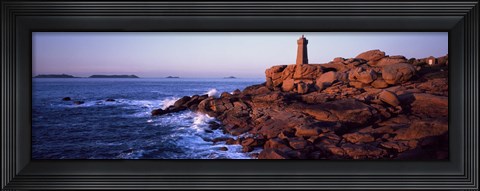 Framed Lighthouse on the coast, Ploumanach Lighthouse, Cote De Granit Rose, Cotes-D&#39;Armor, Brittany, France Print