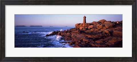 Framed Lighthouse on the coast, Ploumanach Lighthouse, Cote De Granit Rose, Cotes-D&#39;Armor, Brittany, France Print