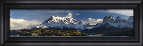 Framed Lake in front of mountains, Lake Pehoe, Cuernos Del Paine, Paine Grande, Torres del Paine National Park, Chile Print