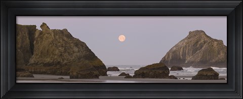 Framed Sea stacks and setting moon at dawn, Bandon Beach, Oregon, USA Print