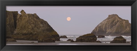 Framed Sea stacks and setting moon at dawn, Bandon Beach, Oregon, USA Print