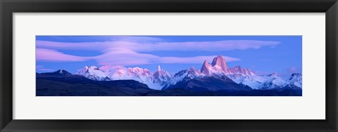 Framed Lenticular clouds and pre-dawn light over mountains, Mt Fitzroy, Cerro Torre, Argentine Glaciers National Park, Argentina Print