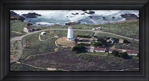Framed Aerial view of Piedras Blancas Lighthouse on the coast, San Luis Obispo County, California, USA Print