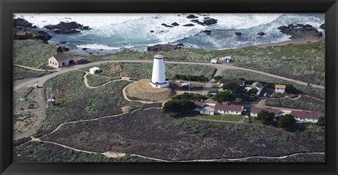 Framed Aerial view of Piedras Blancas Lighthouse on the coast, San Luis Obispo County, California, USA Print