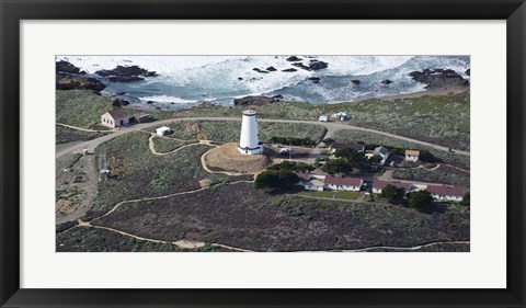 Framed Aerial view of Piedras Blancas Lighthouse on the coast, San Luis Obispo County, California, USA Print