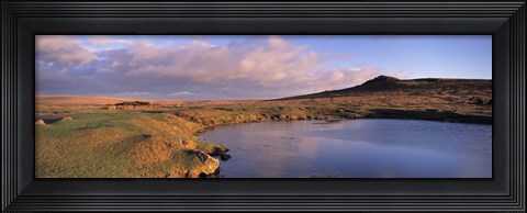 Framed Pond and warm evening light at Sharpitor, Dartmoor, Devon, England Print