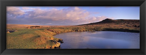 Framed Pond and warm evening light at Sharpitor, Dartmoor, Devon, England Print