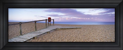 Framed Boardwalk on the beach at dawn, Chesil Beach, Jurassic Coast, Dorset, England Print