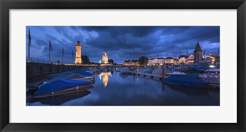 Framed Harbor at dusk, Lindau, Lake Constance, Bavaria, Germany Print