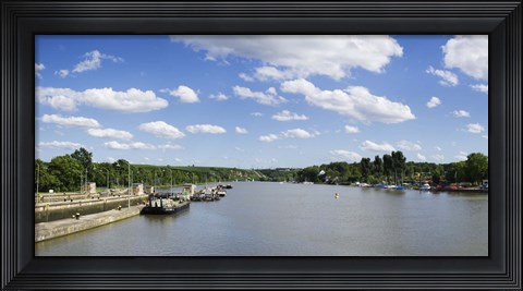 Framed Container ships at a canal lock, Neckar River, Lauffen am Neckar, Baden-Wurttemberg, Germany Print