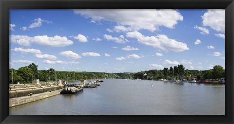 Framed Container ships at a canal lock, Neckar River, Lauffen am Neckar, Baden-Wurttemberg, Germany Print