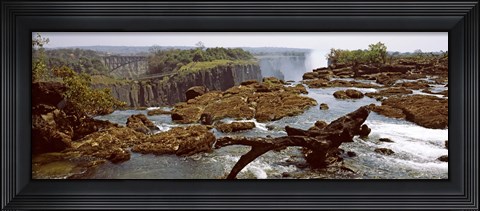 Framed Log on the rocks at the top of the Victoria Falls with Victoria Falls Bridge in the background, Zimbabwe Print