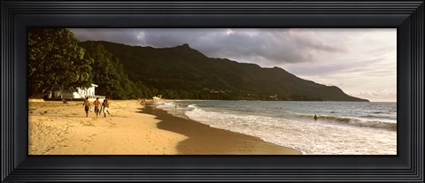 Framed People walking along the Beau Vallon beach, Mahe Island, Seychelles Print