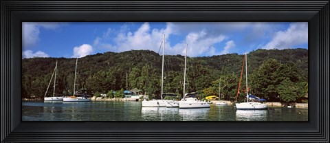 Framed Yachts anchored at the harbor on La Digue Island, Seychelles Print