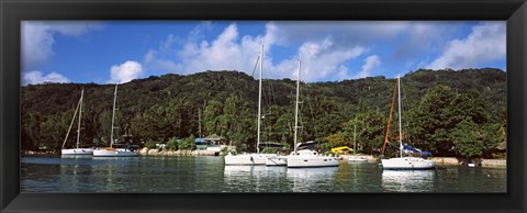 Framed Yachts anchored at the harbor on La Digue Island, Seychelles Print