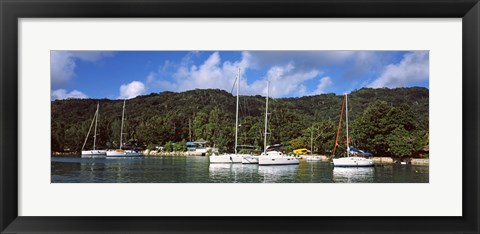Framed Yachts anchored at the harbor on La Digue Island, Seychelles Print
