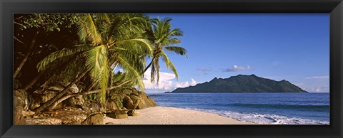 Framed Palm trees grow out over a small beach with Silhouette Island in the background, Seychelles Print