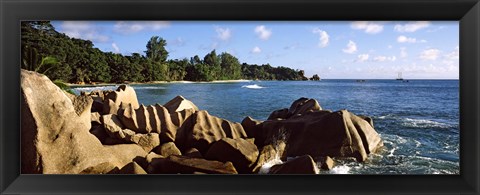 Framed Large granite rocks on the shoreline of La Digue Island, Seychelles Print