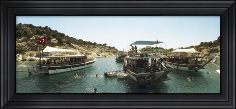 Framed Boats with people swimming in the Mediterranean sea, Kas, Antalya Province, Turkey Print