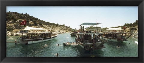 Framed Boats with people swimming in the Mediterranean sea, Kas, Antalya Province, Turkey Print