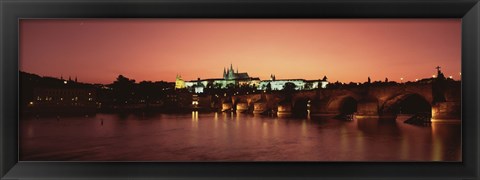 Framed Bridge with a church and castle, Charles Bridge, St. Vitus Cathedral, Hradcany Castle, Prague, Czech Republic Print