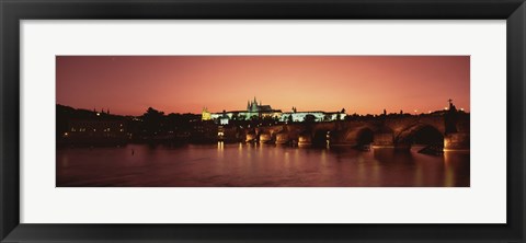 Framed Bridge with a church and castle, Charles Bridge, St. Vitus Cathedral, Hradcany Castle, Prague, Czech Republic Print