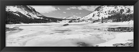 Framed Lake and snowcapped mountains, Tioga Lake, Inyo National Forest, Eastern Sierra, California (black and white) Print