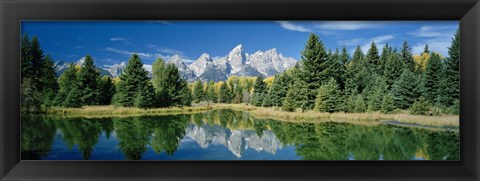 Framed Reflection of trees in water with mountains, Schwabachers Landing, Grand Teton, Grand Teton National Park, Wyoming, USA Print