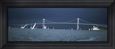 Framed Storm approaches sailboats racing past Rose Island lighthouse and Newport Bridge in Narragansett Bay, Newport, Rhode Island USA Print