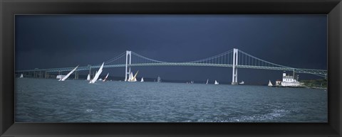 Framed Storm approaches sailboats racing past Rose Island lighthouse and Newport Bridge in Narragansett Bay, Newport, Rhode Island USA Print