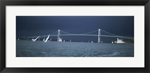 Framed Storm approaches sailboats racing past Rose Island lighthouse and Newport Bridge in Narragansett Bay, Newport, Rhode Island USA Print