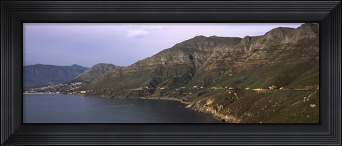 Framed Road towards a mountain peak with town, Mt Chapman&#39;s Peak, Hout Bay, Cape Town, Western Cape Province, Republic of South Africa Print