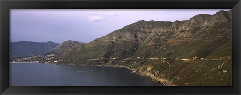 Framed Road towards a mountain peak with town, Mt Chapman&#39;s Peak, Hout Bay, Cape Town, Western Cape Province, Republic of South Africa Print