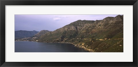 Framed Road towards a mountain peak with town, Mt Chapman&#39;s Peak, Hout Bay, Cape Town, Western Cape Province, Republic of South Africa Print