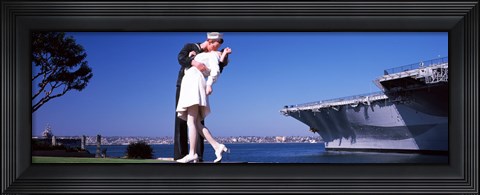 Framed Kiss between sailor and nurse sculpture, Unconditional Surrender, San Diego Aircraft Carrier Museum, San Diego, California, USA Print