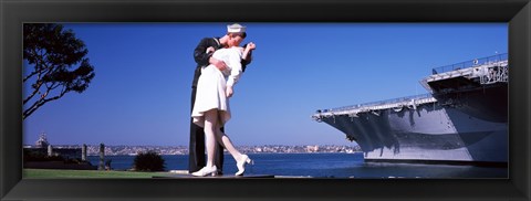 Framed Kiss between sailor and nurse sculpture, Unconditional Surrender, San Diego Aircraft Carrier Museum, San Diego, California, USA Print