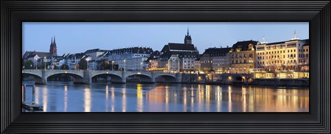 Framed Bridge across a river with a cathedral, Mittlere Rheinbrucke, St. Martin&#39;s Church, River Rhine, Basel, Switzerland Print
