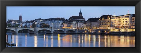 Framed Bridge across a river with a cathedral, Mittlere Rheinbrucke, St. Martin&#39;s Church, River Rhine, Basel, Switzerland Print