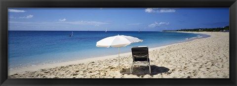 Framed Single Beach Chair And Umbrella On Sand, Saint Martin, French West Indies Print