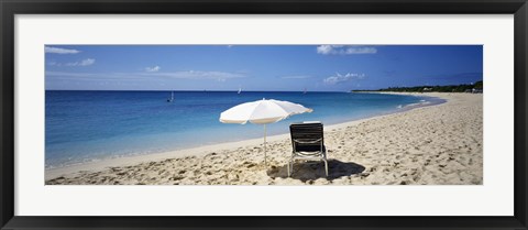 Framed Single Beach Chair And Umbrella On Sand, Saint Martin, French West Indies Print