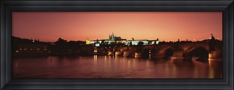 Framed Bridge with a church and castle, Charles Bridge, St. Vitus Cathedral, Hradcany Castle, Prague, Czech Republic Print