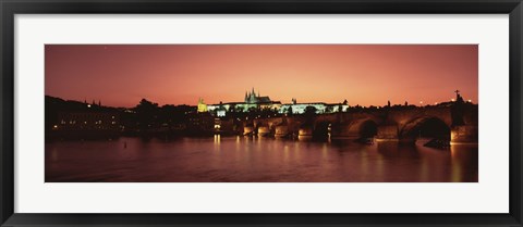 Framed Bridge with a church and castle, Charles Bridge, St. Vitus Cathedral, Hradcany Castle, Prague, Czech Republic Print